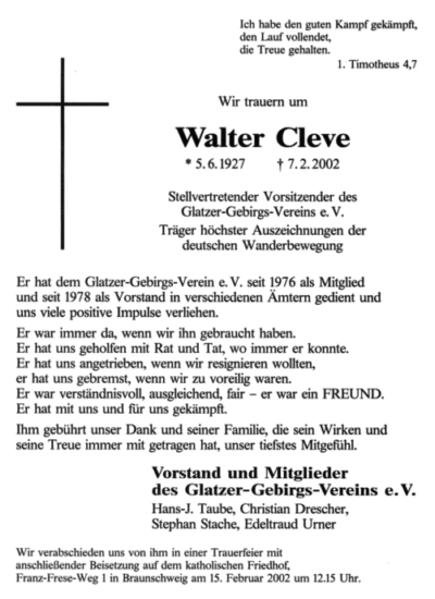Trauer um Walter Cleve