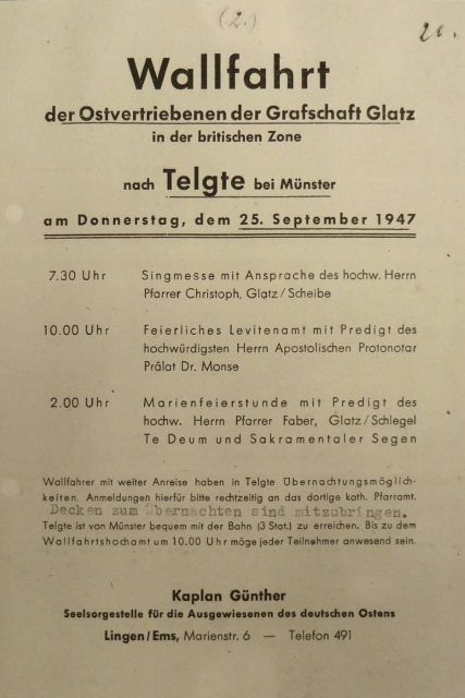 70. Glatzer Wallfahrt in Telgte 2016: Programm-Plakat der ersten Glatzer Wallfahrt nach Telgte 1947